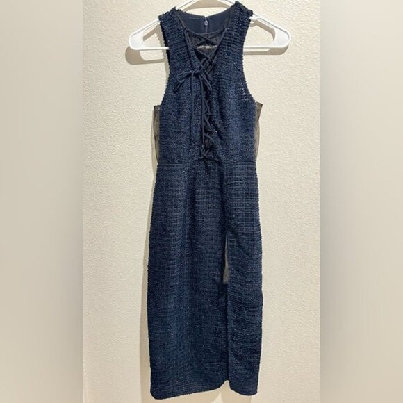 NWT Revolve brand X by NBD Metallic Navy Blue Lace High Neck Dress - Picture 1 of 5